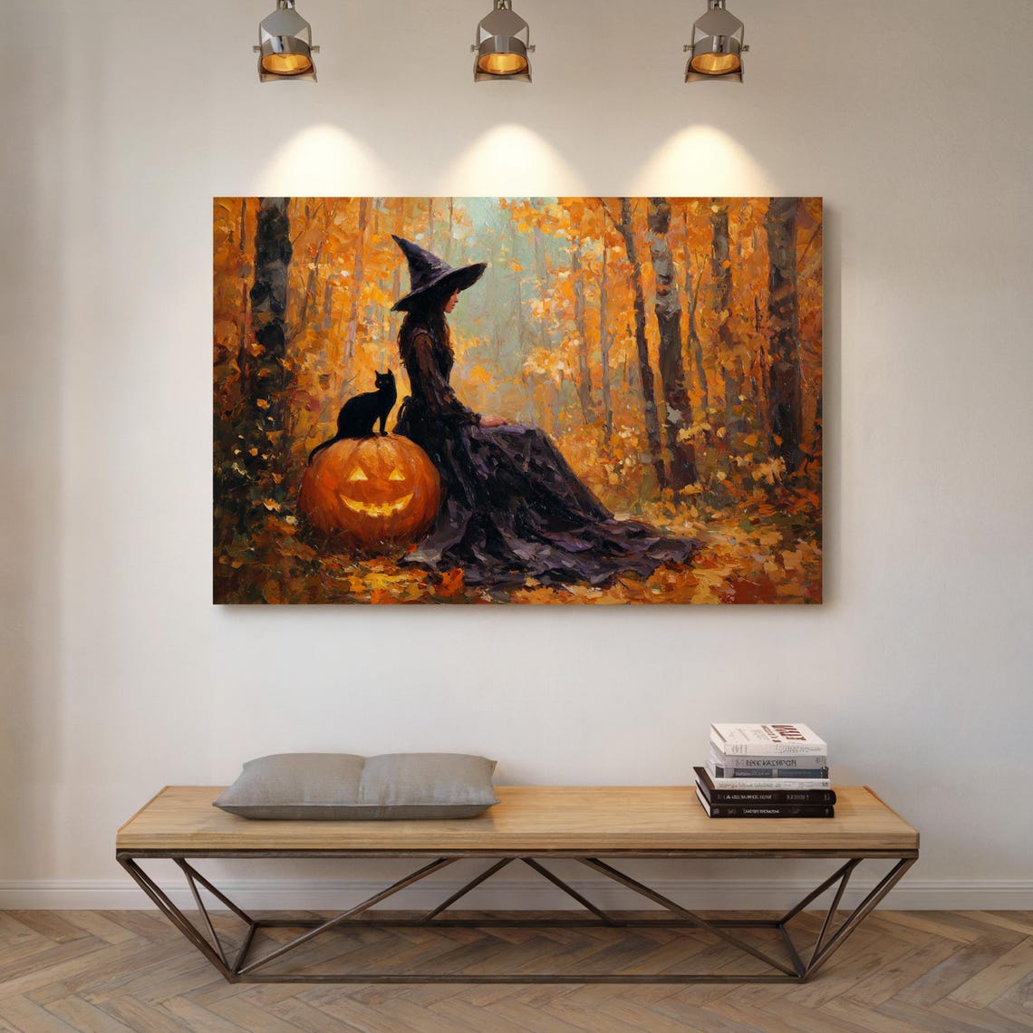 Witch with Jack-O-Lantern and Black Cat in Golden Autumn Poster
