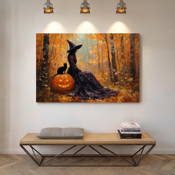 Witch with Jack-O-Lantern and Black Cat in Golden Autumn Poster
