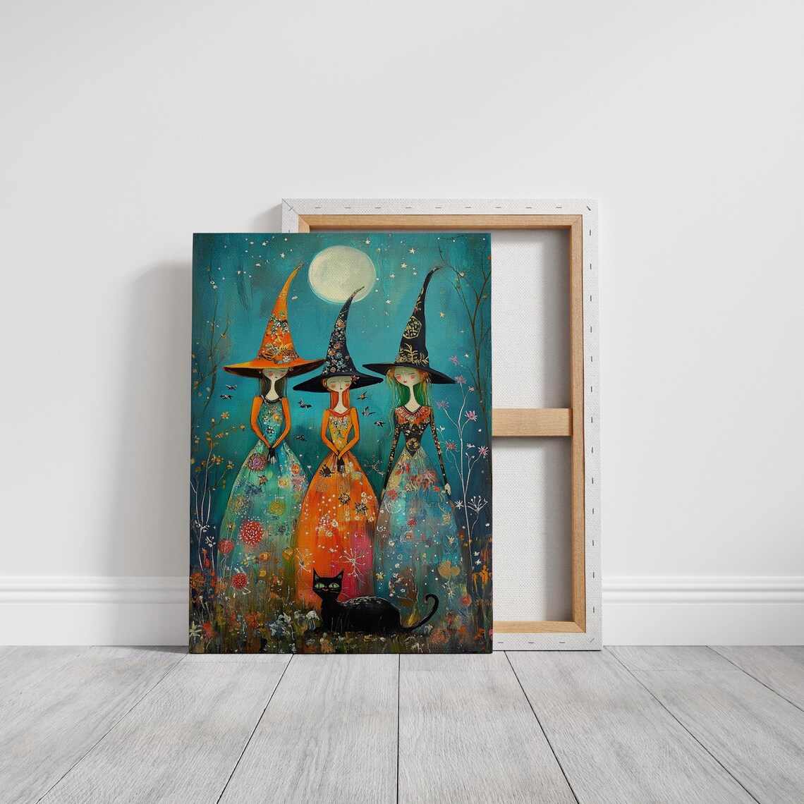 Whimsical Witch Trio Under Full Moon Floral Dresses Halloween Poster - Image 3
