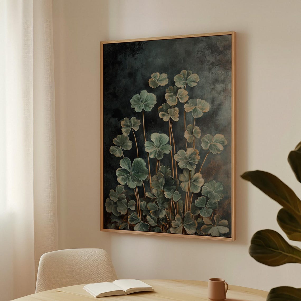 Lush Clover Leaves Moody Dark Green Botanical Painting Wall Art - Image 3