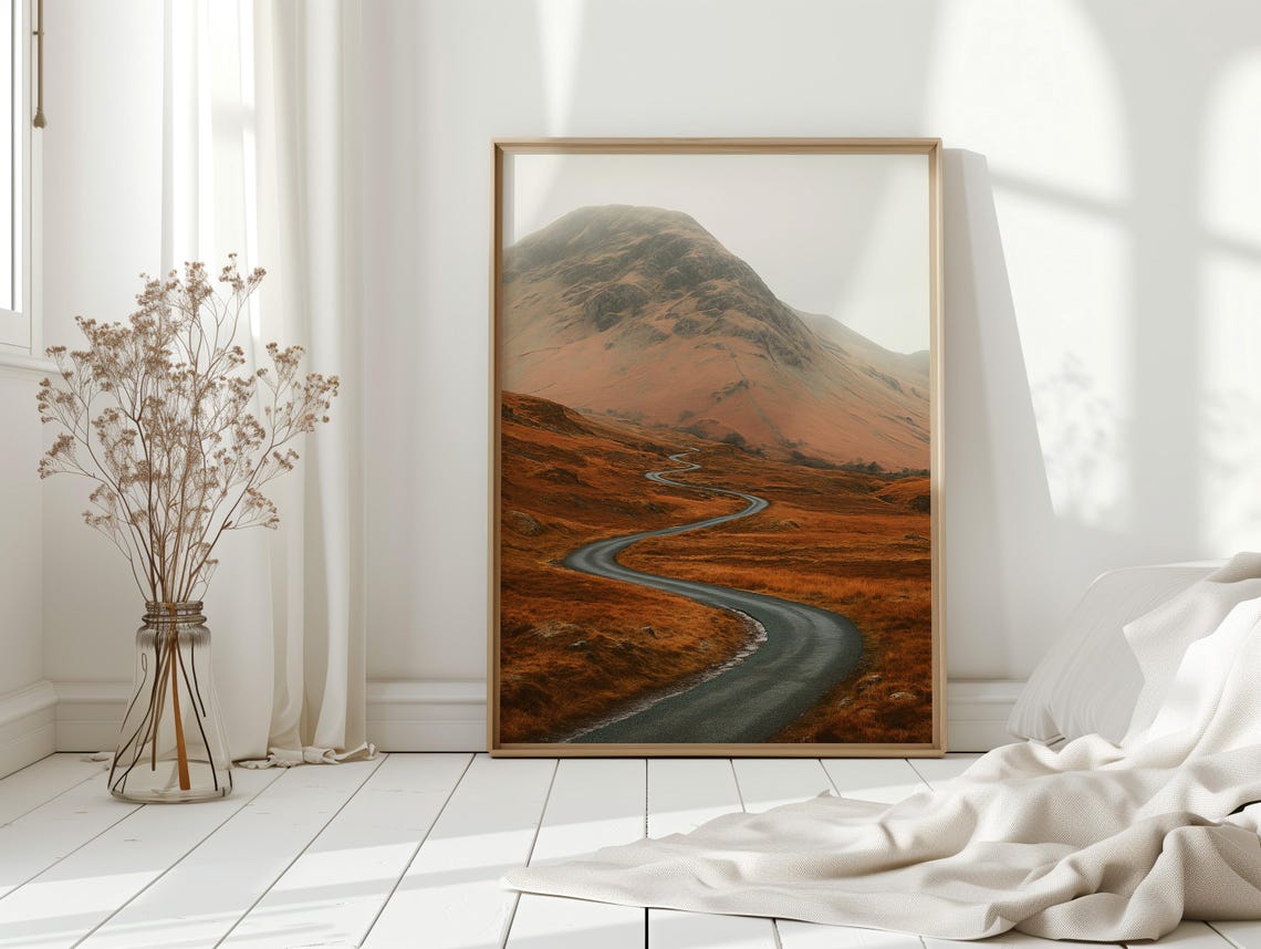 Winding Road Through Misty Autumn Mountain Valley Scenic Wall Art