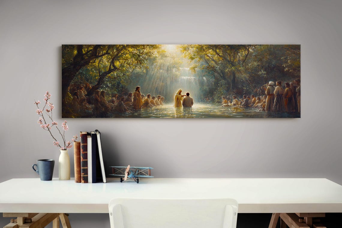 Jesus Baptism River Crowd Panoramic Christian Faith Art Poster - Image 3