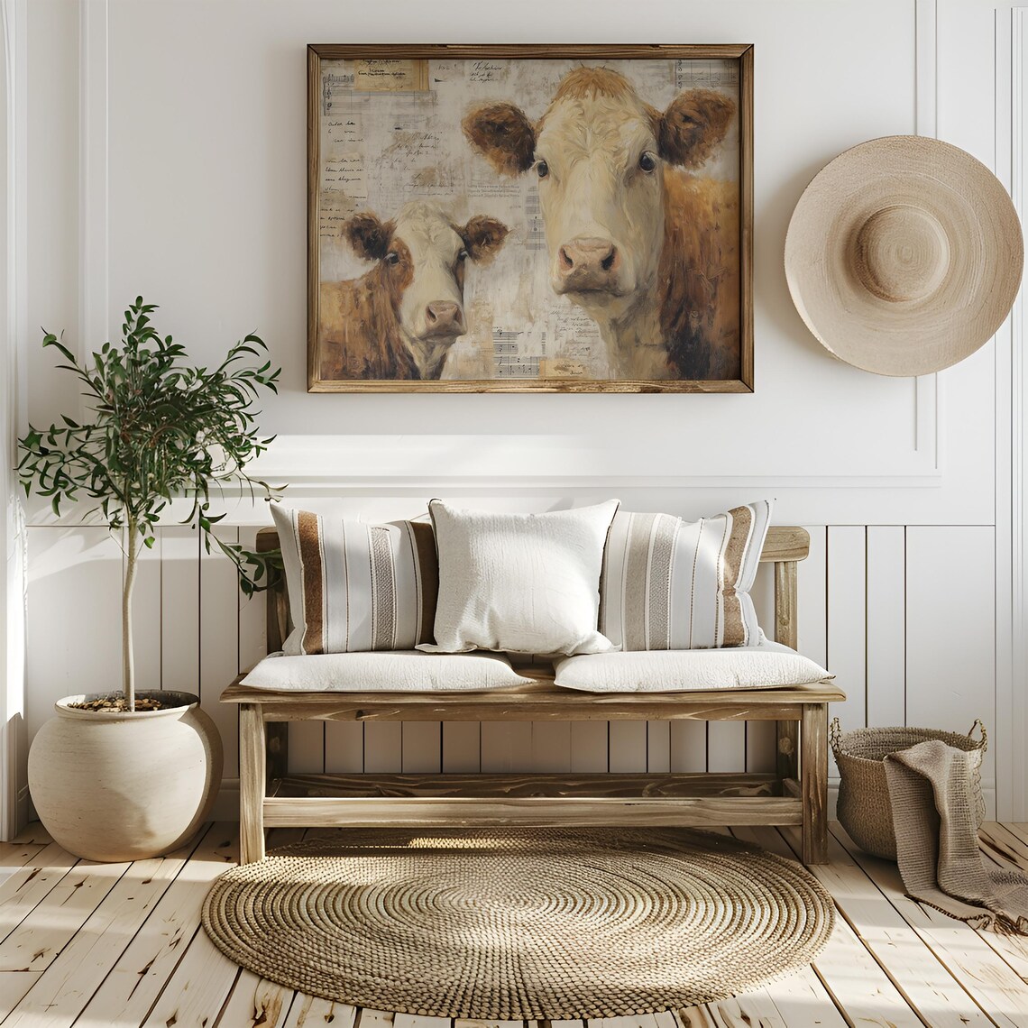 Two Rustic Cow Portraits Over Vintage Sheet Music Background Farm Art Poster