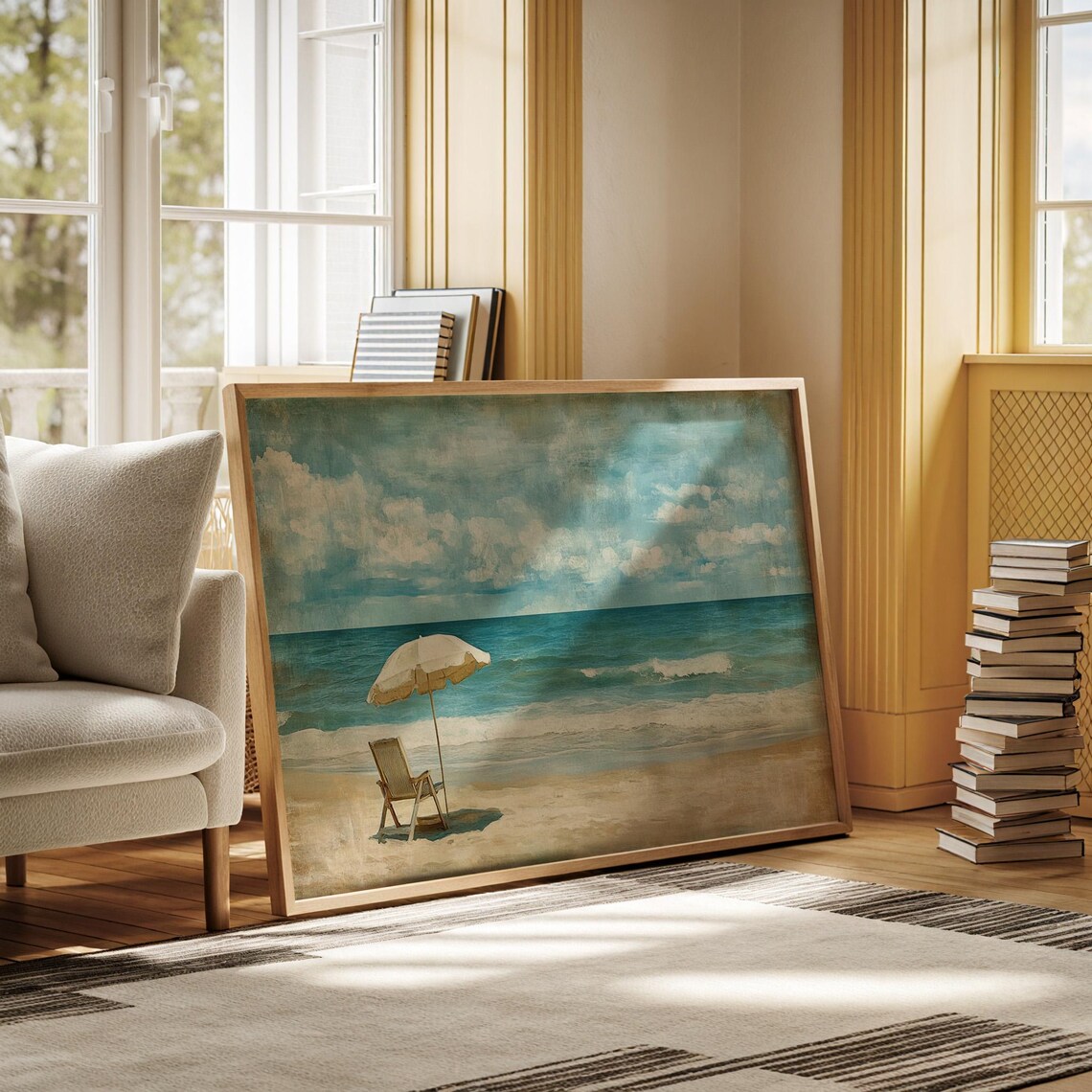 Vintage Beach Umbrella Wooden Chair Coastal Ocean Waves Poster - Image 6