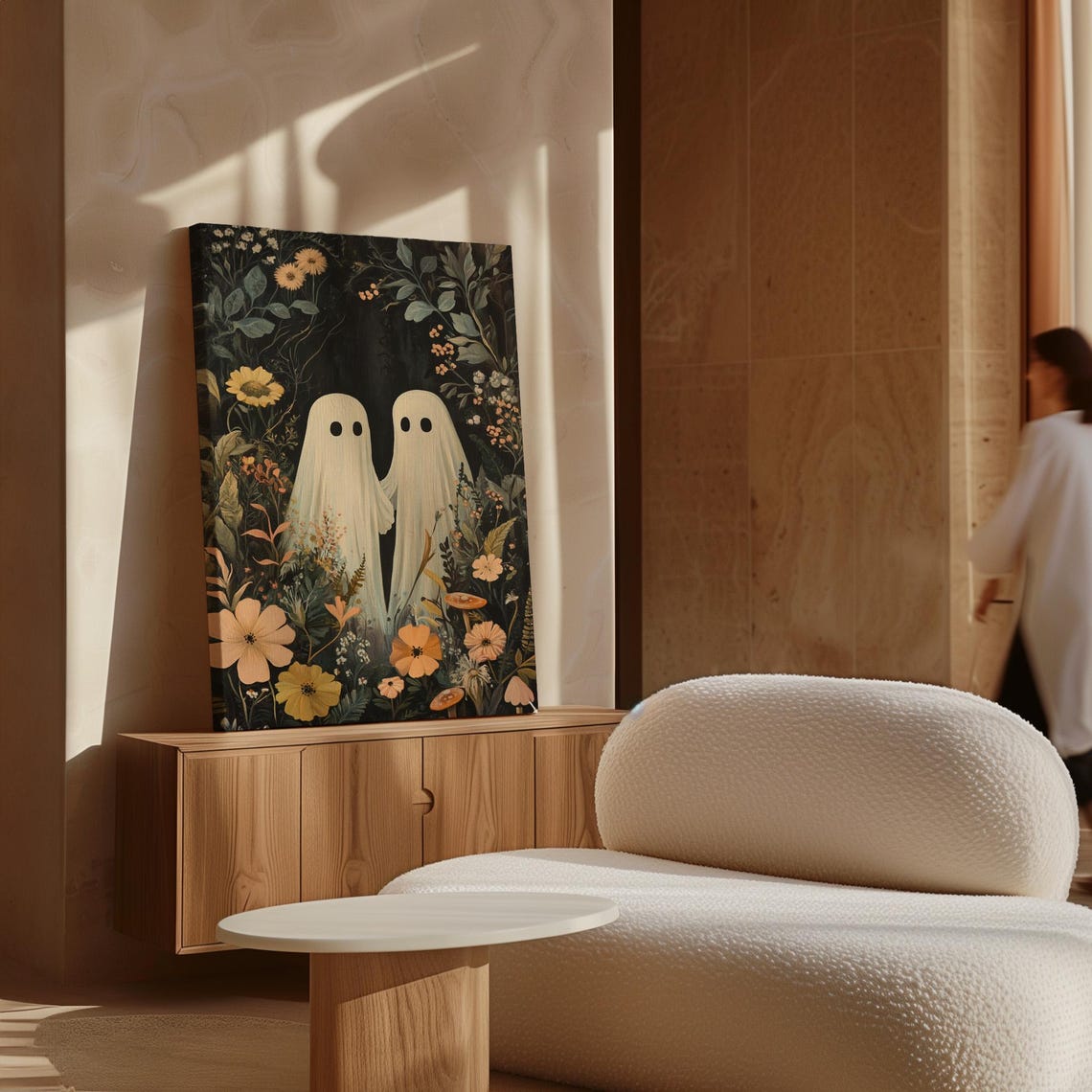 Two Cute Ghosts In Dark Floral Mushroom Garden Spooky Wall Art - Image 4