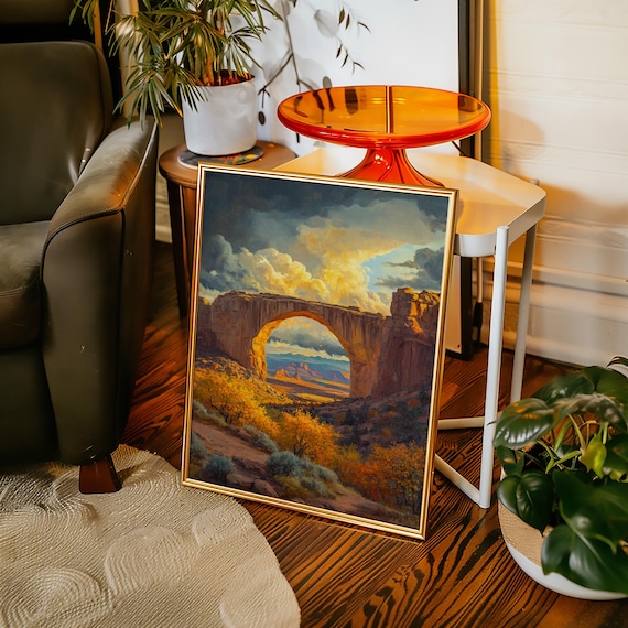 Desert Arch Framing Golden Valley Sunset Oil Painting Poster