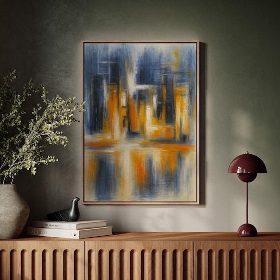 Modern Abstract Cityscape Blue and Orange with Reflections Urban Poster