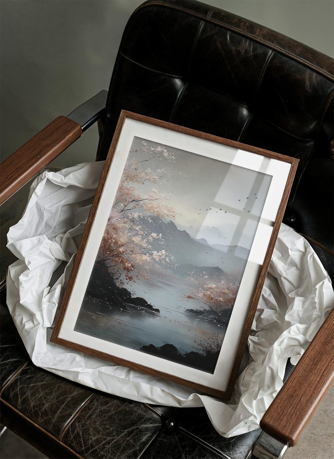 Misty Lake Cherry Blossom Mountains Serene Landscape Art Poster