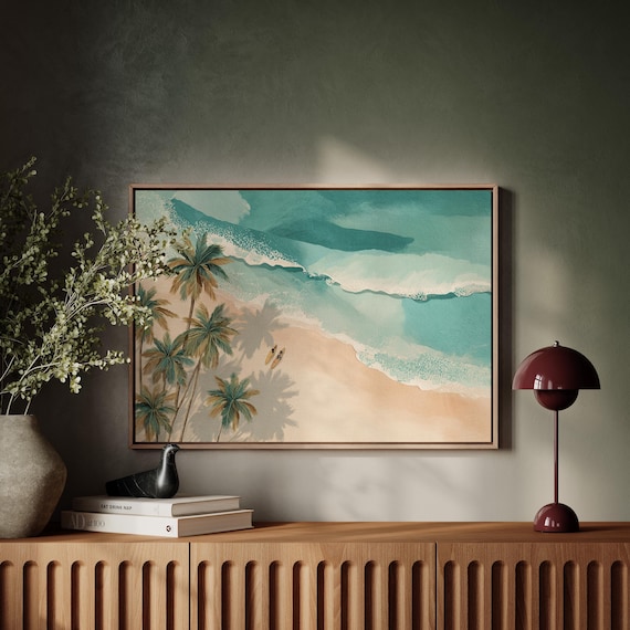 Tropical Beach With Palm Trees And Surfboard Aerial Art Poster