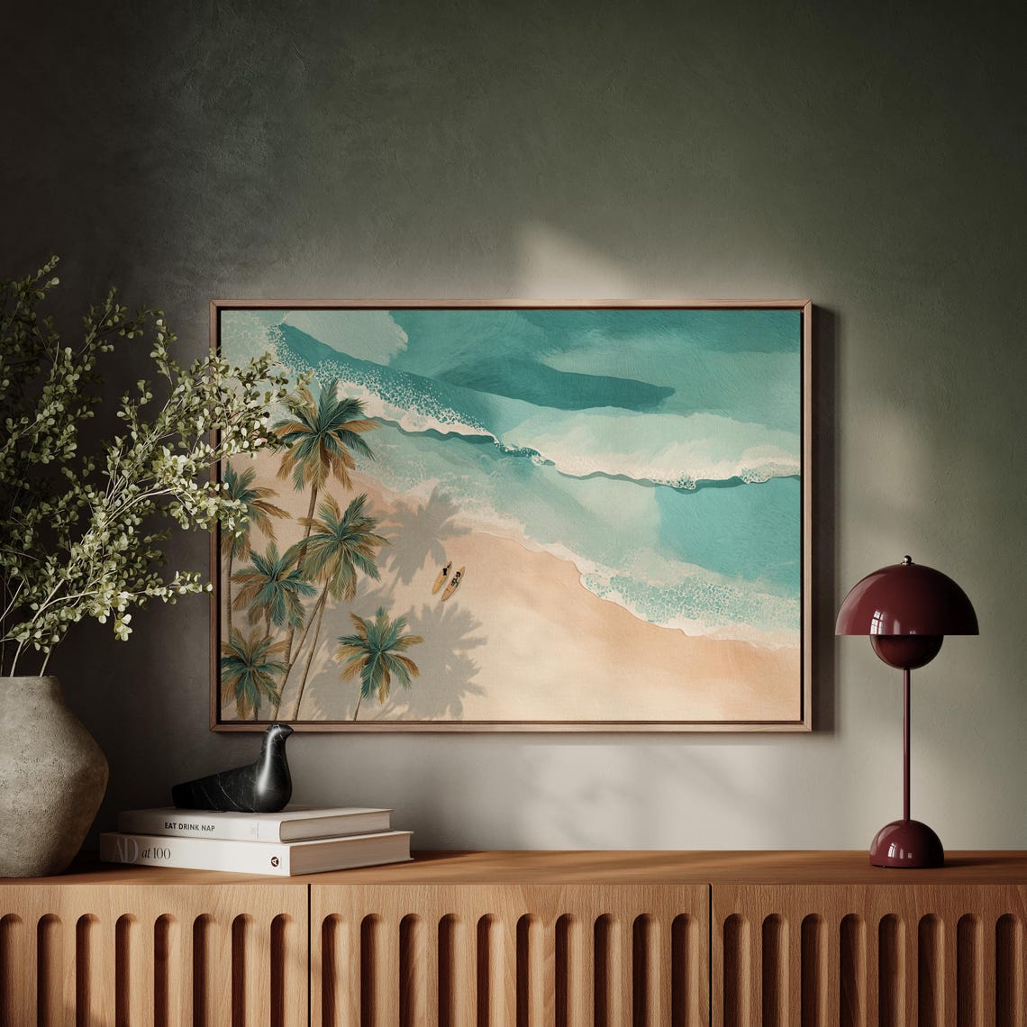 Tropical Beach With Palm Trees And Surfboard Aerial Art Poster