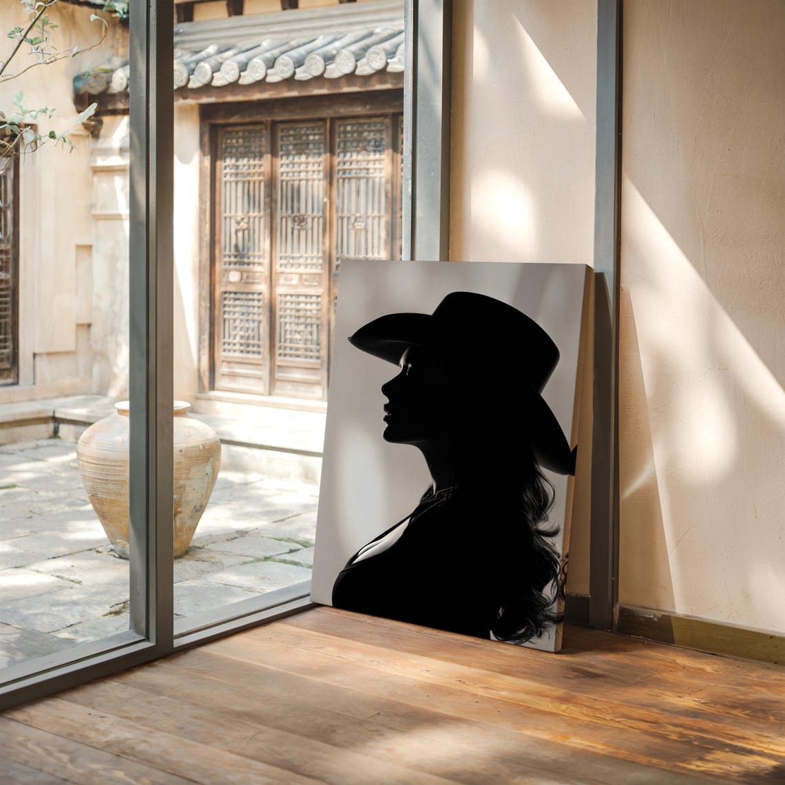Cowgirl Profile Silhouette in Cowboy Hat Black White Western Poster