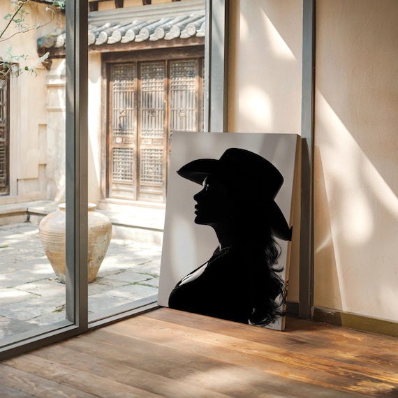 Cowgirl Profile Silhouette in Cowboy Hat Black White Western Poster