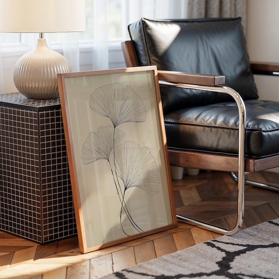Minimalist Ginkgo Leaf Line Art Modern Botanical Wall Neutral Beige Canvas Print Elegant Nature Inspired Home Office Dcor