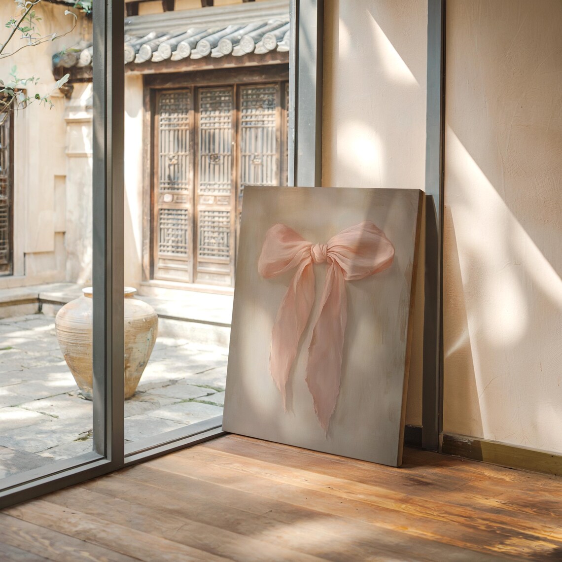 Soft Pink Silk Bow Painting Elegant Feminine Ribbon Wall Art - Image 5