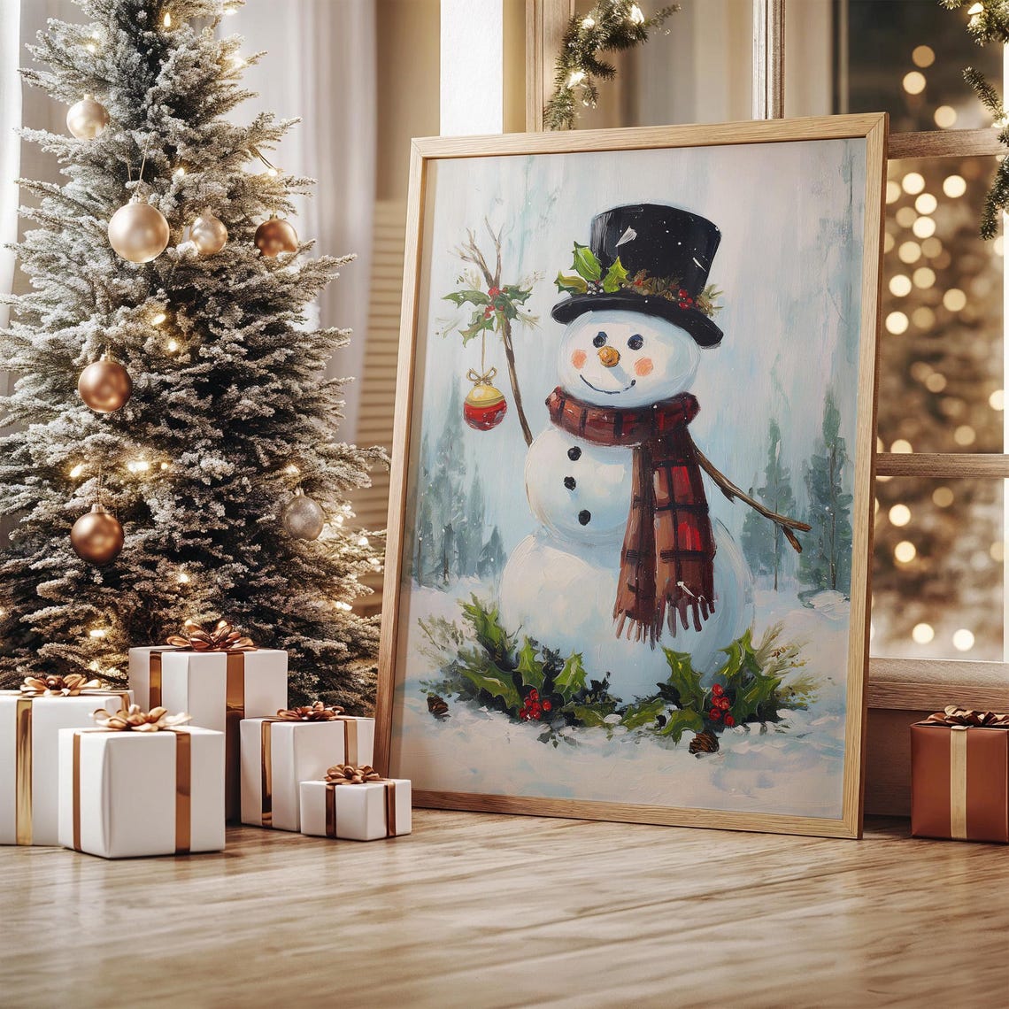 Smiling Snowman With Top Hat And Plaid Scarf Winter Art Poster