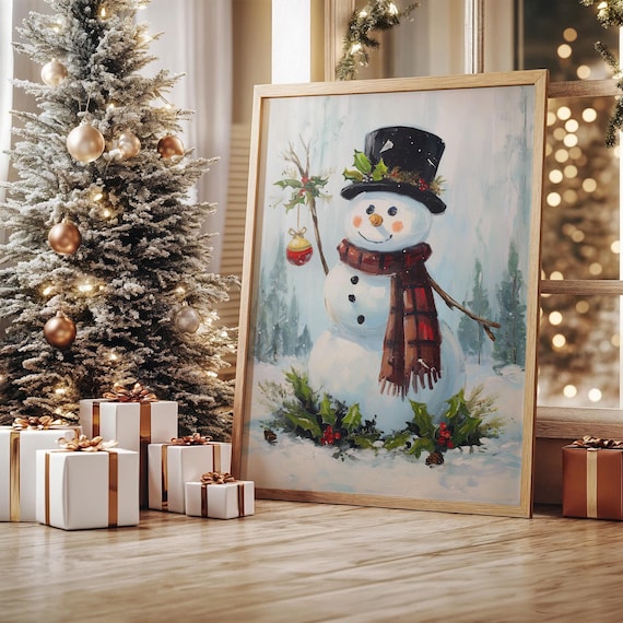 Smiling Snowman With Top Hat And Plaid Scarf Winter Art Poster
