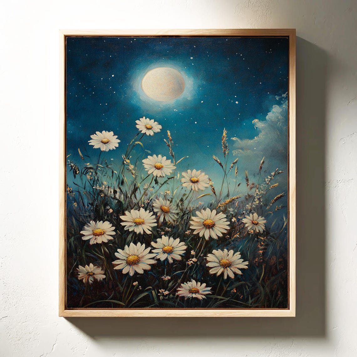 White Daisies Under a Glowing Full Moon in a Blue Night Sky Poster - Image 7