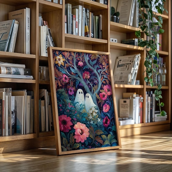 Two Ghosts In Moonlit Flower Garden Colorful Halloween Poster