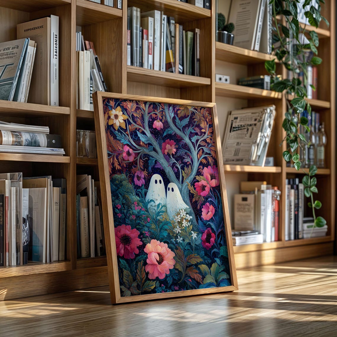 Two Ghosts In Moonlit Flower Garden Colorful Halloween Poster