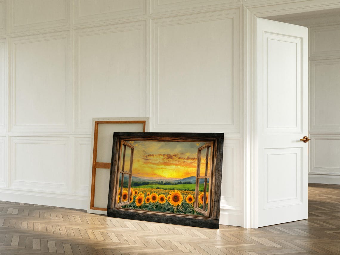 Rustic Window View Sunflower Field Golden Sunset Countryside Poster - Image 2