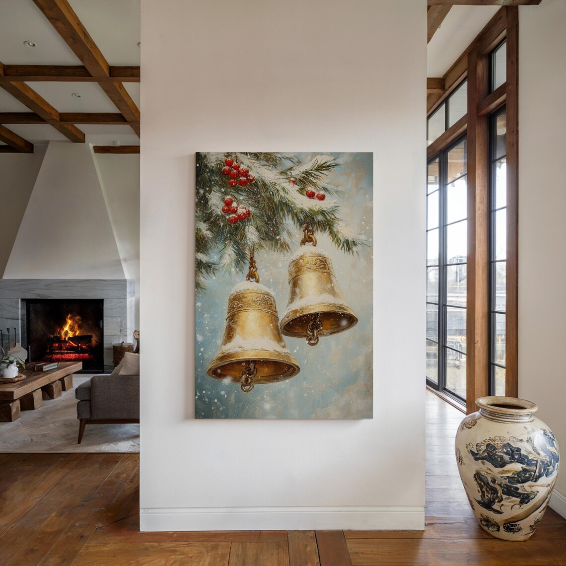 Two Golden Bells On Snowy Pine Branch Winter Holiday Season Poster - Image 5