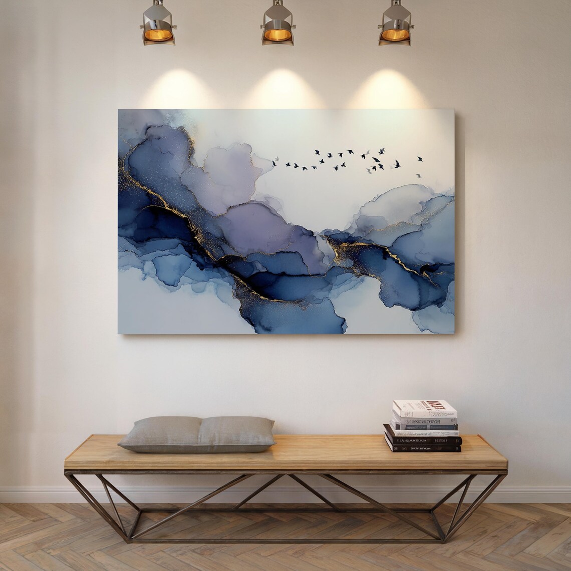 Abstract Indigo Watercolor Sky With Gold Accents and Flying Birds Poster