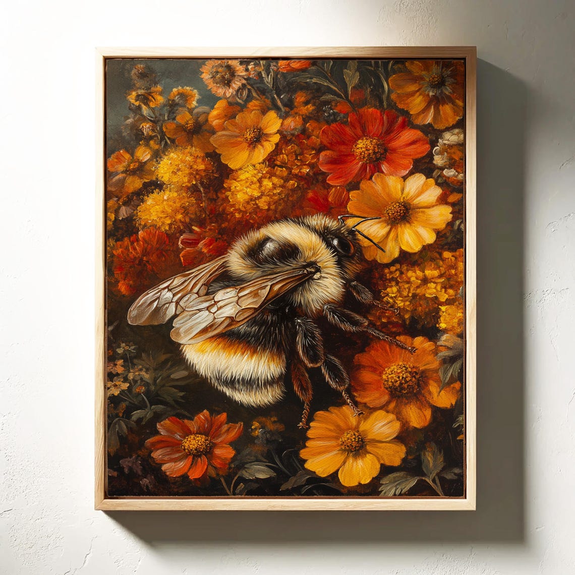 Detailed Bumblebee Resting on Autumn Orange and Red Flowers Poster - Image 6