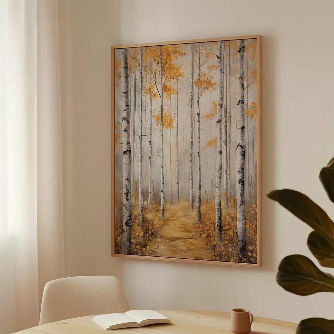 Golden Autumn Birch Forest Path Fall Landscape Painting Poster - Image 3