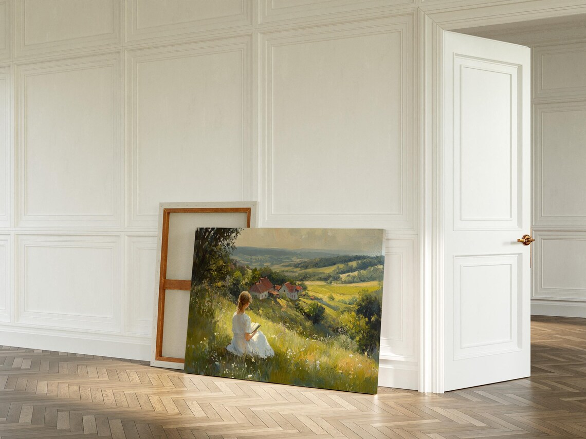 Cottagecore Girl Reading, Peaceful Field Landscape - Image 3