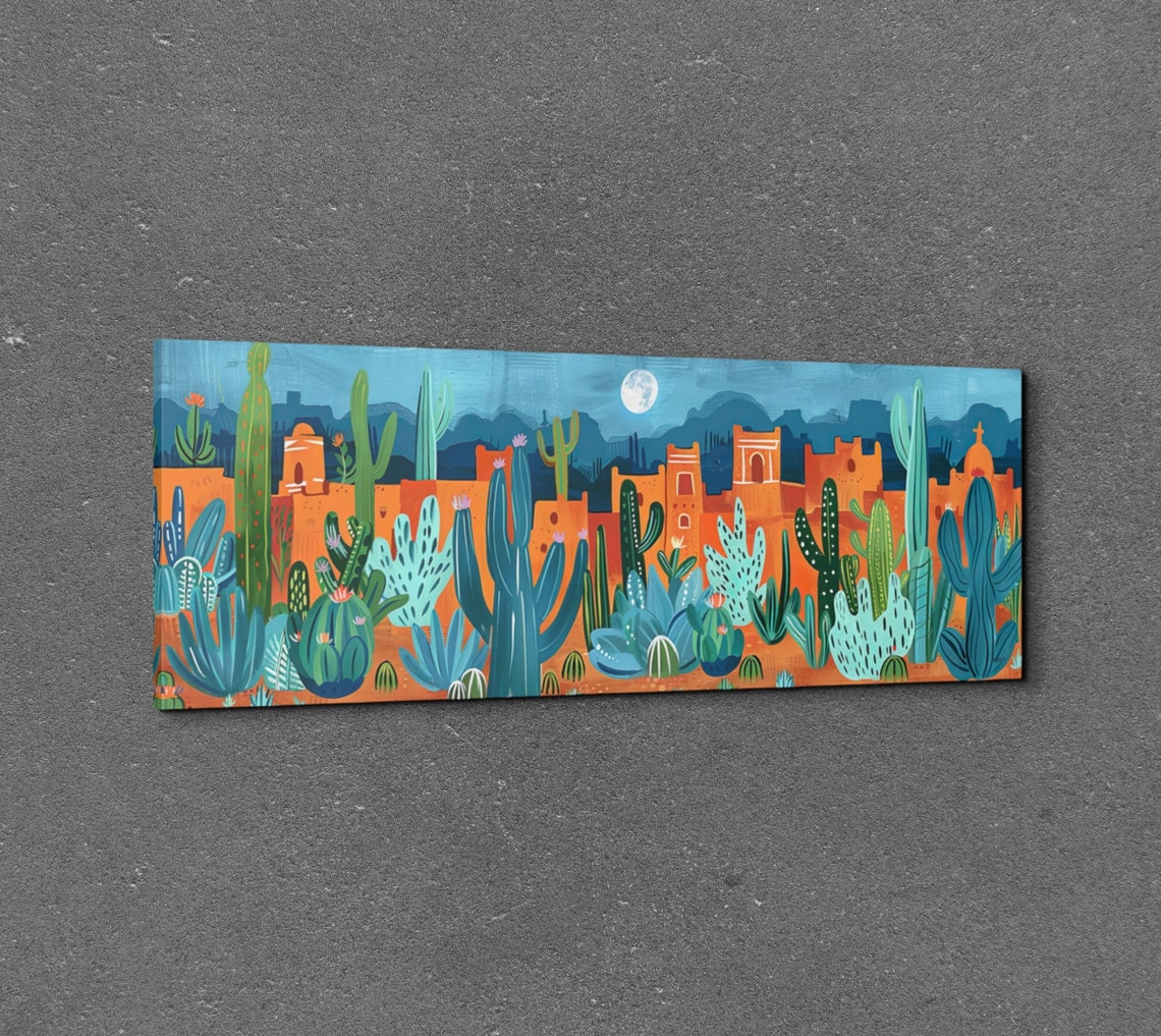 Southwest Desert Pueblo Saguaro Cacti Under Moonlit Folk Art Poster - Image 3