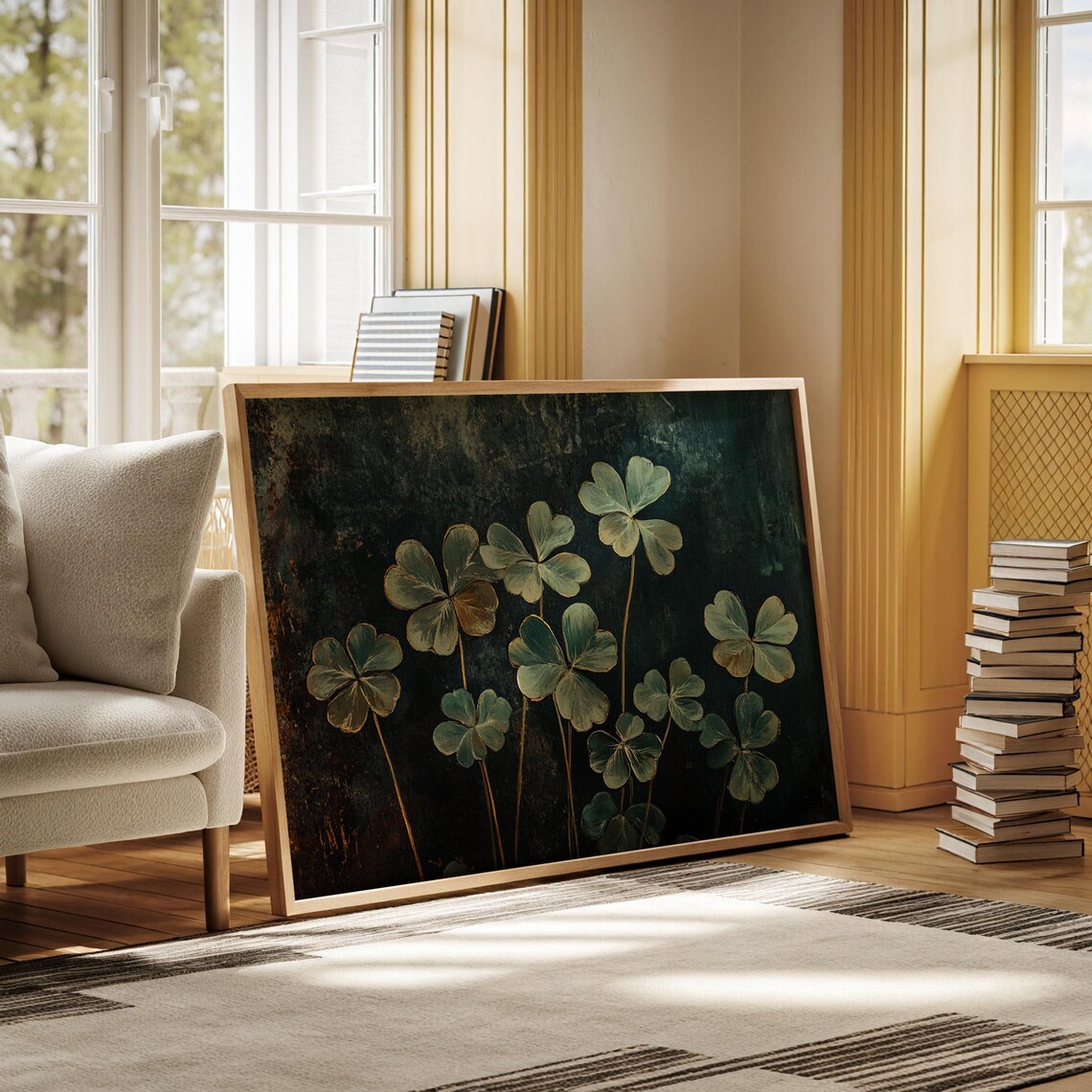 Golden Clover Leaves on Dark Moody Botanical Oil Painting Poster - Image 3