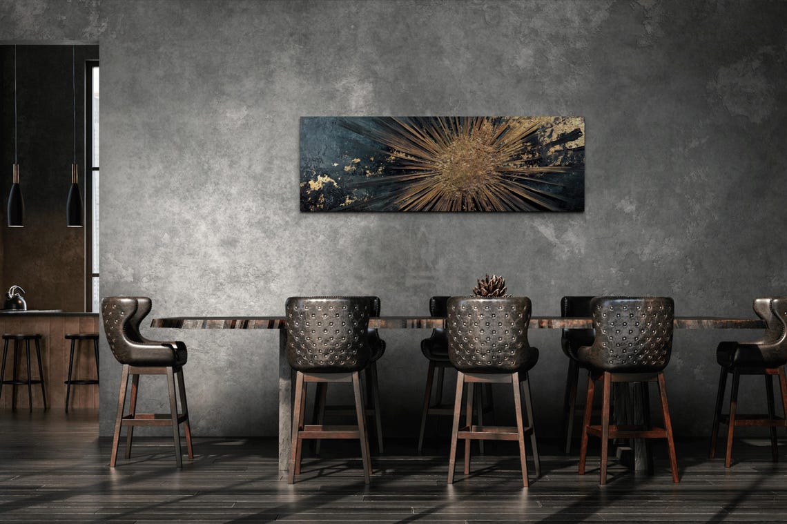 Black And Gold Starburst Explosion Abstract Panoramic Art Poster - Image 2
