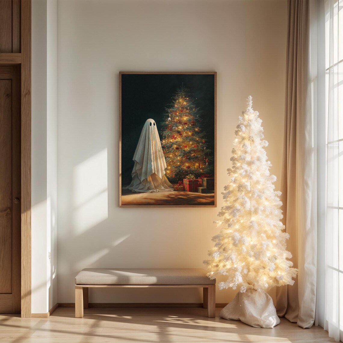 Whimsical Ghost by Glowing Christmas Tree Spooky Holiday Art Poster