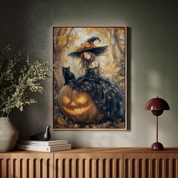 Enchanted Witch Sitting On Glowing Jack O Lantern With Black Cat Poster