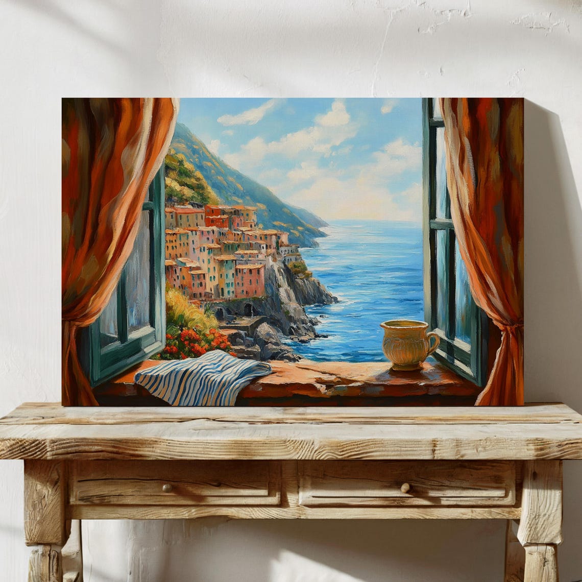 Colorful Coastal Village Sea View Through Open Window Poster - Image 2