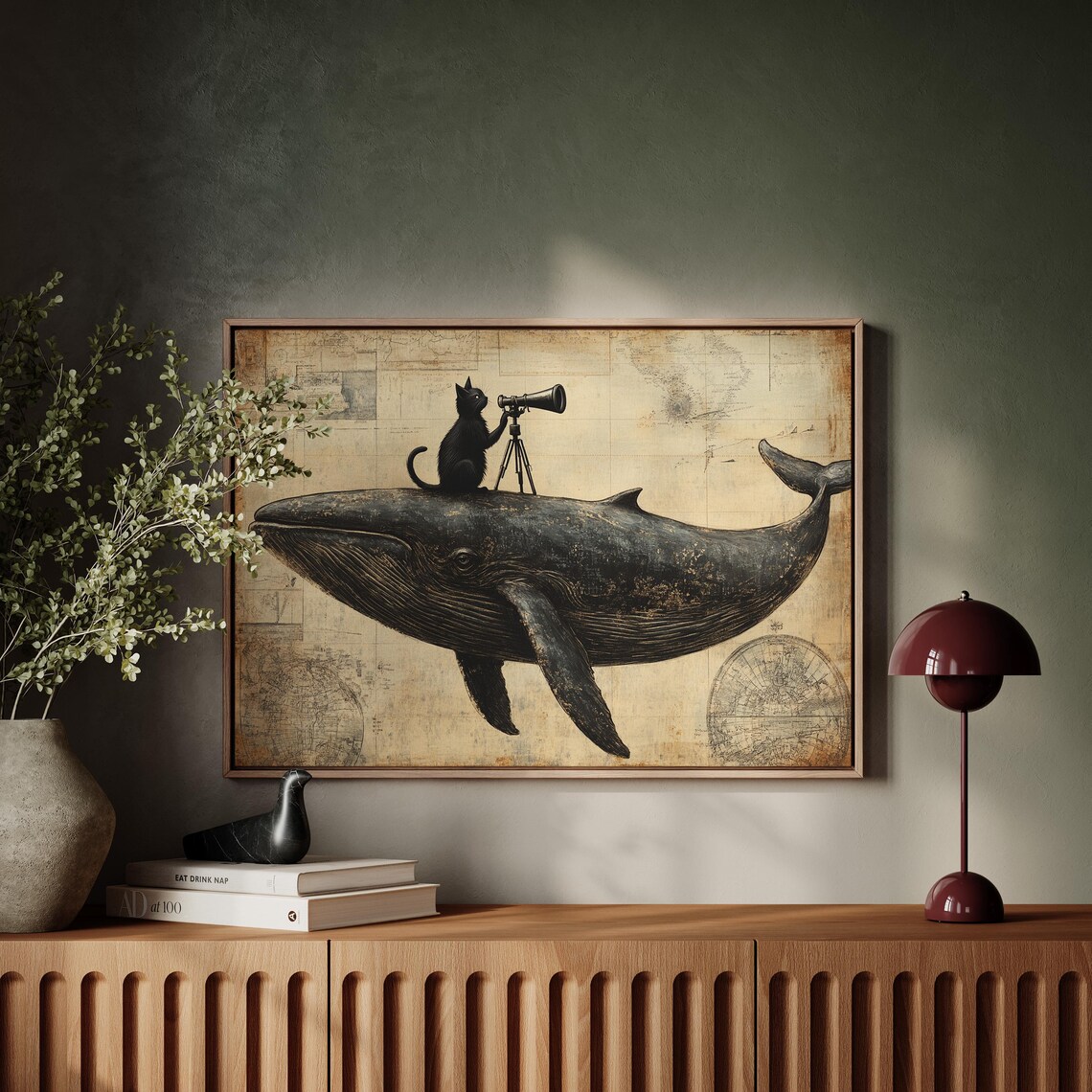 Black Cat With Telescope Riding Whale Surreal Vintage Nautical Animal Poster - Image 4
