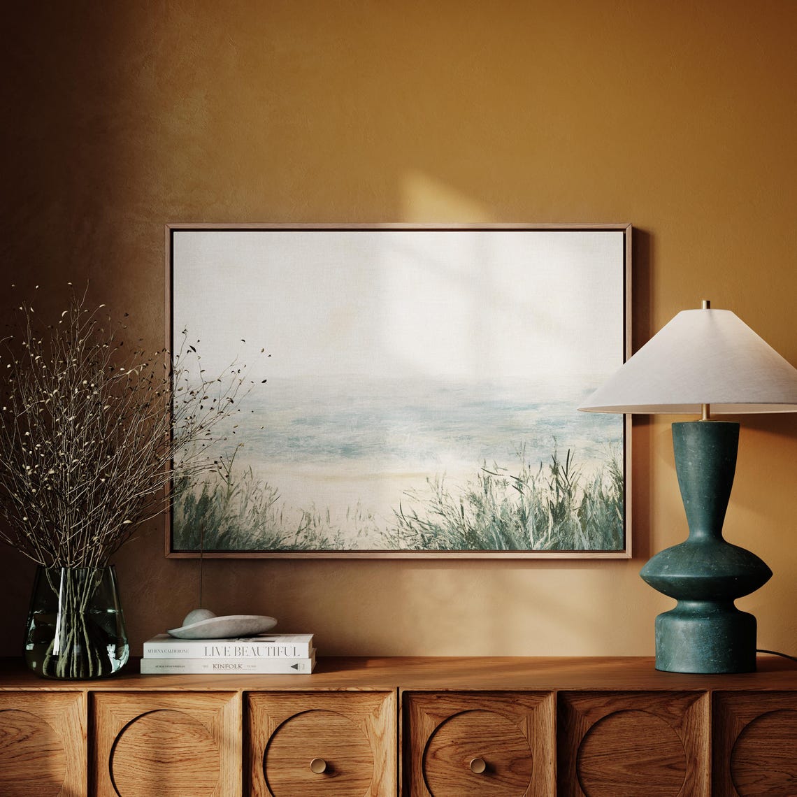 Serene Misty Beach With Tall Dune Grass Soft Blue Coastal Wall Art - Image 3