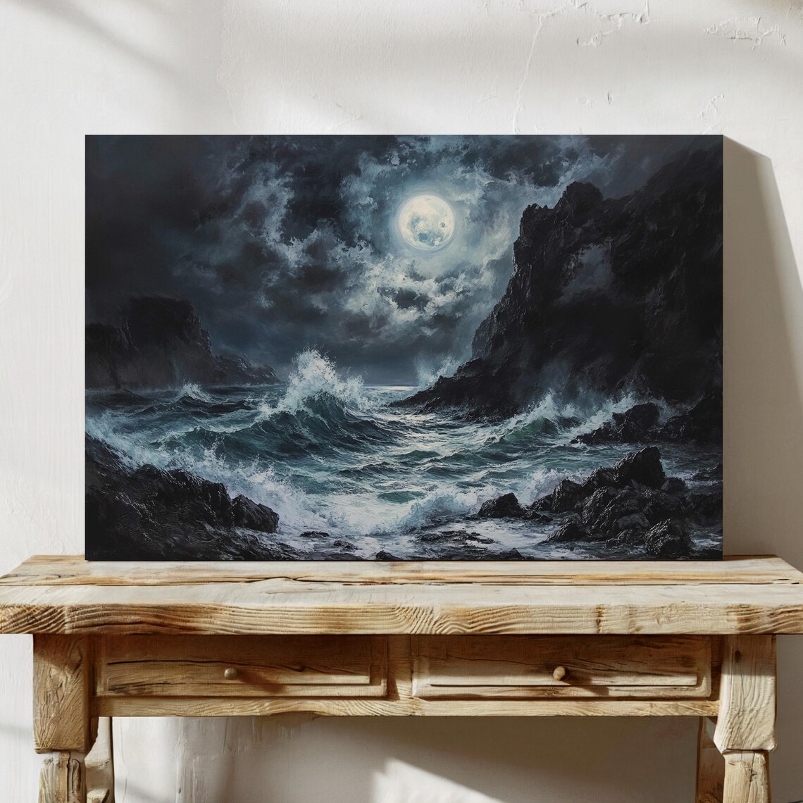 Stormy Ocean Moonlight Poster, Dramatic Seascape