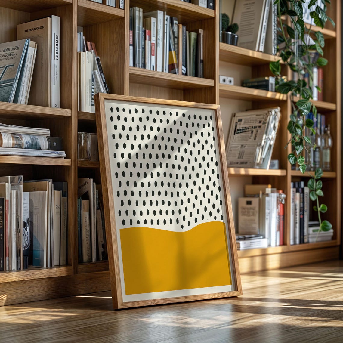 Minimalist Black Dot Pattern with Mustard Yellow Wave Abstract Poster