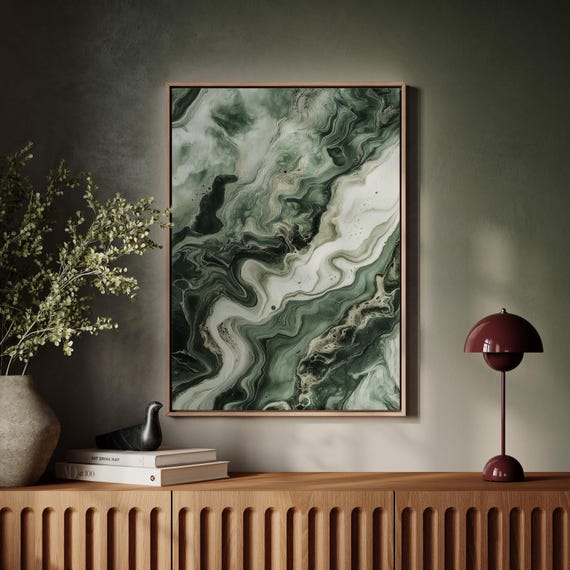 Abstract Green Marble Canvas Wall Art Modern Neutral Fluid Ink Texture Earthy Swirl Pattern Poster Calming Contemporary Decor