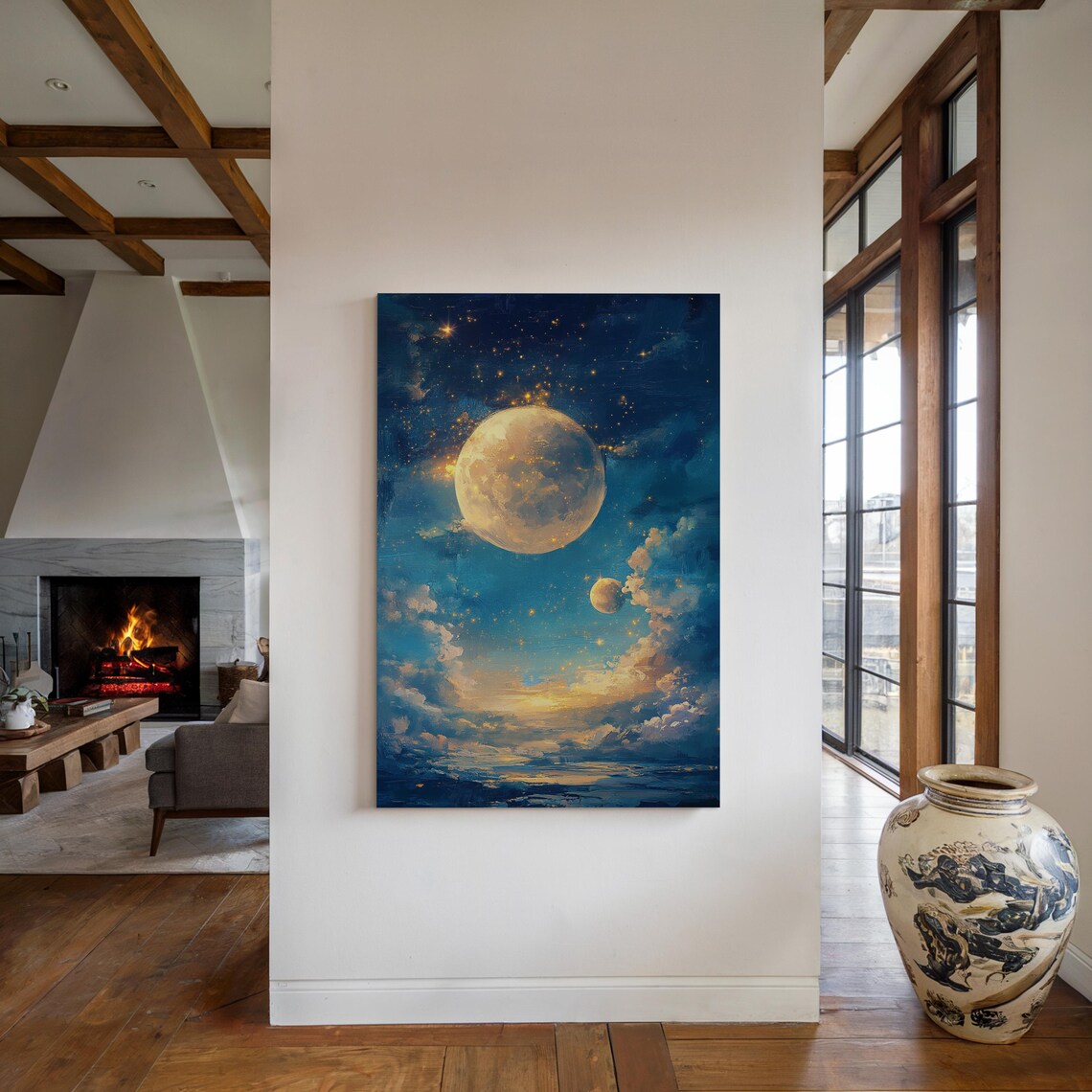 Dreamy Double Moon Art Starry Night Sky Clouds Celestial Tranquil Poster - Image 5