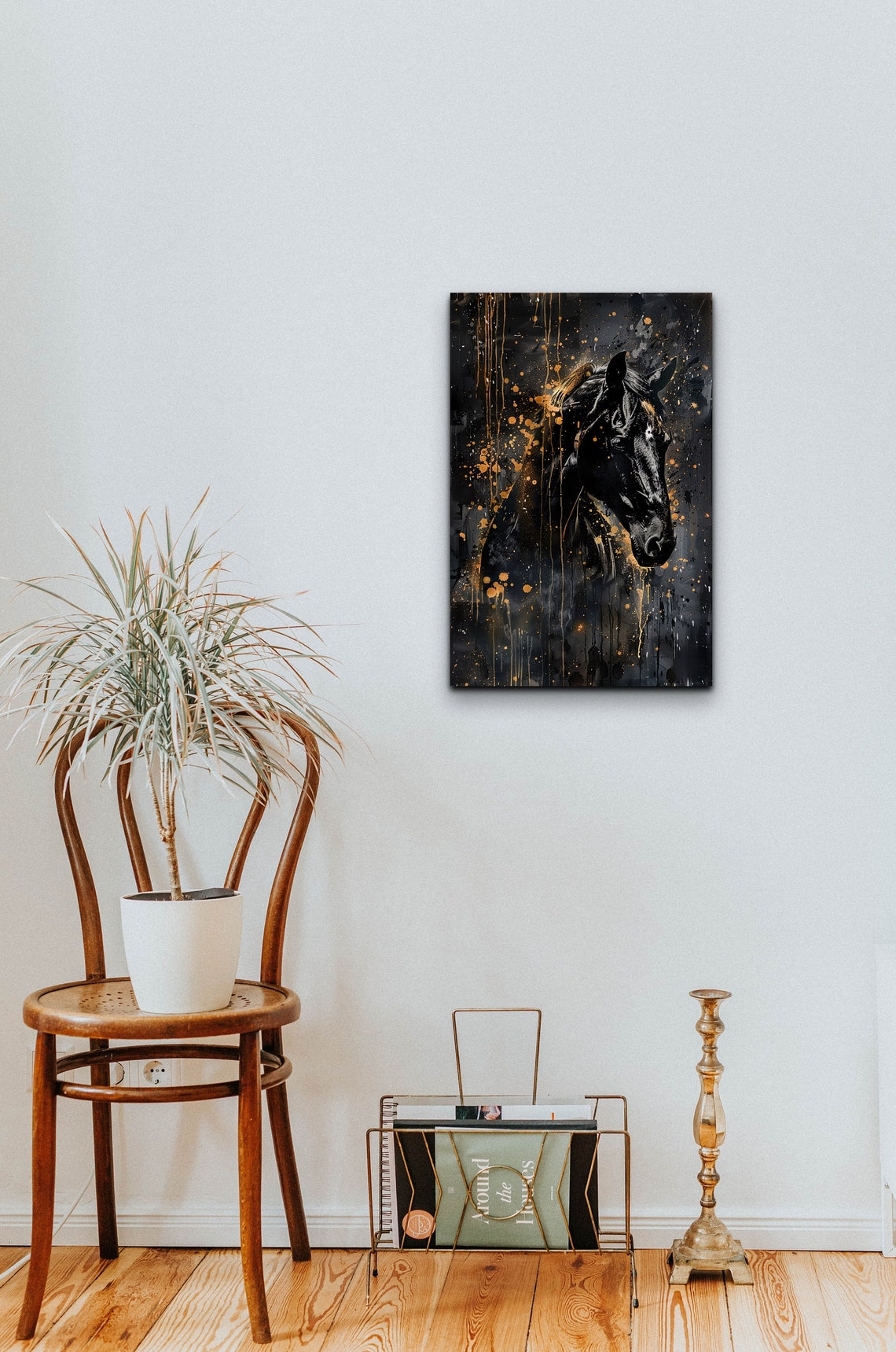 Black Horse Head With Gold Paint Splash Luxury Equestrian Poster - Image 3