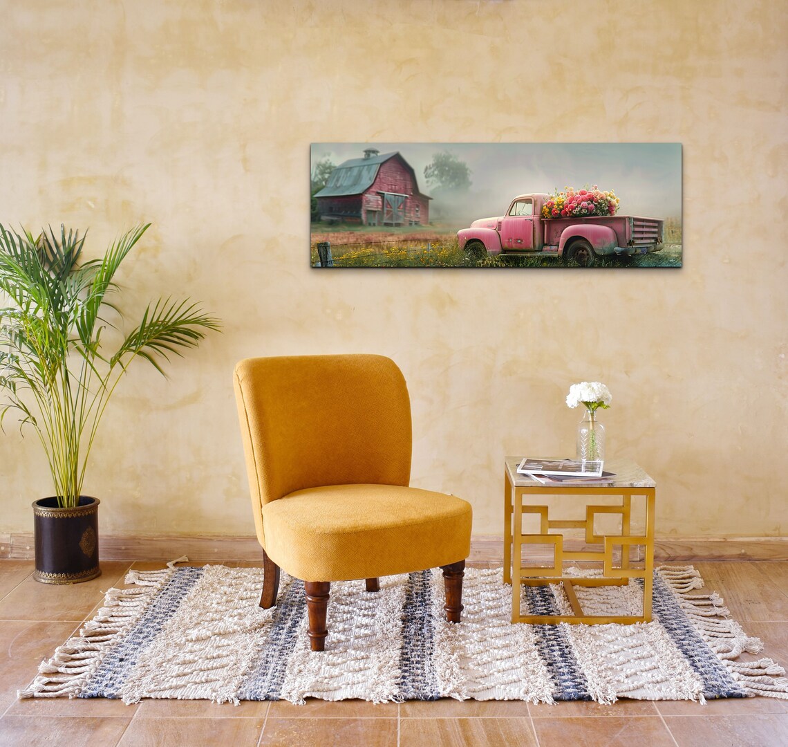 Vintage Pink Pickup Truck with Flowers by Red Barn Farm Poster - Image 3