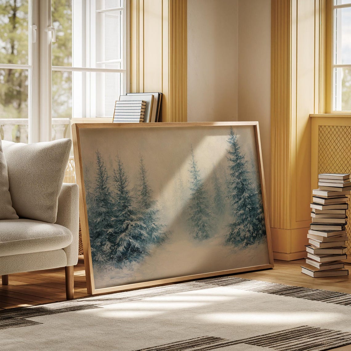 Snowy Blue Pine Forest Mist Frosty Winter Landscape Wall Art - Image 5