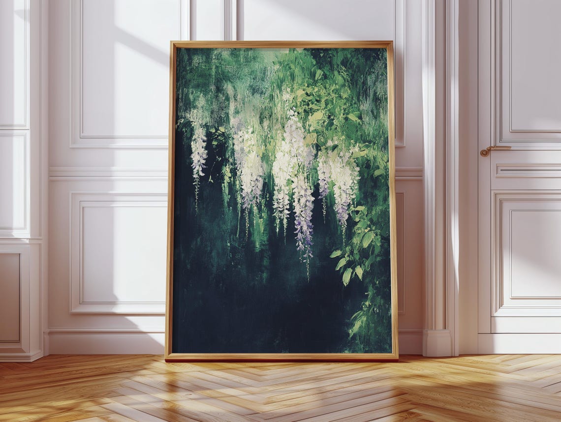 Moody Wisteria Blossom Cascade Deep Dark Green Botanical Art Poster