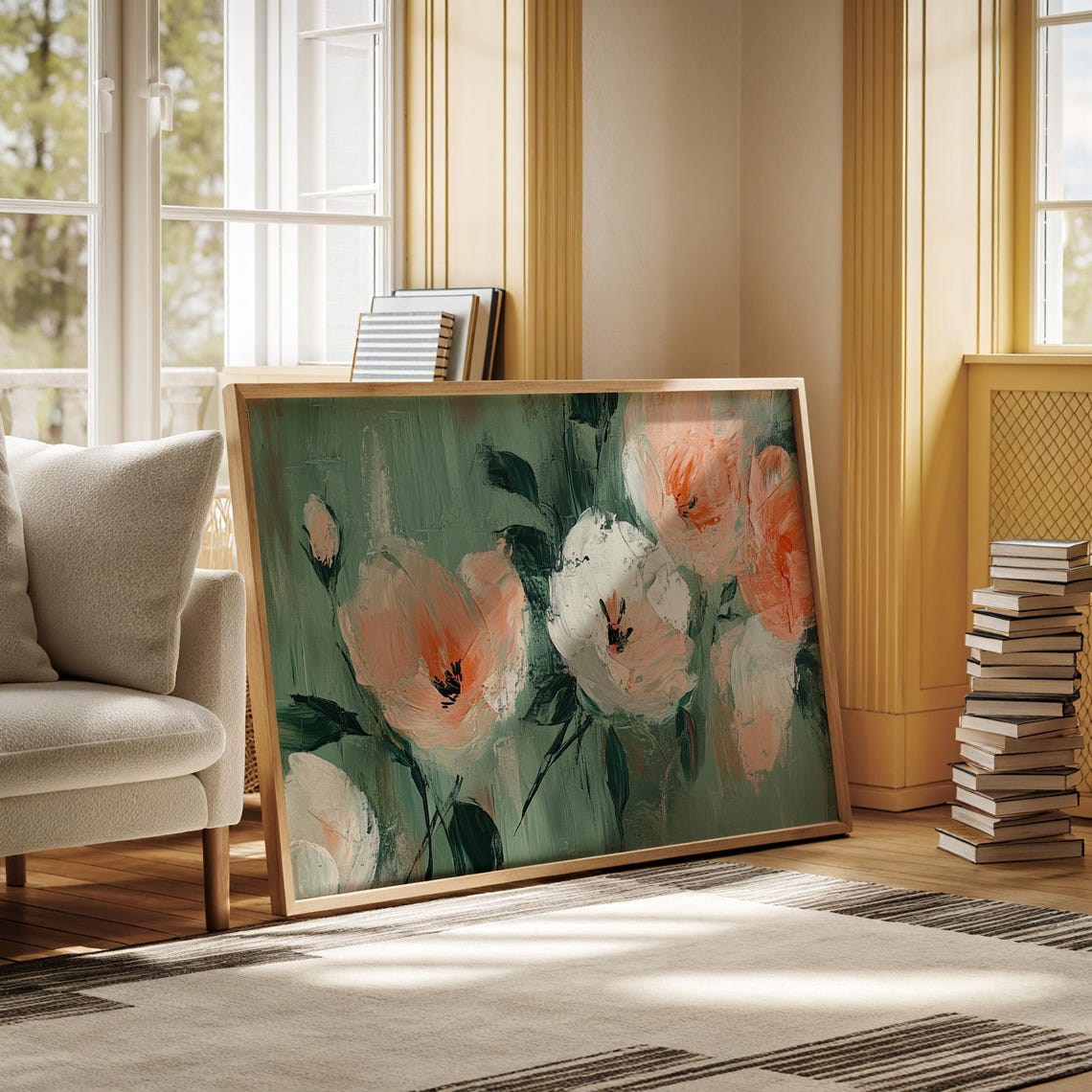 Peach White Poppy Blooms On Sage Green Modern Floral Art Poster - Image 6