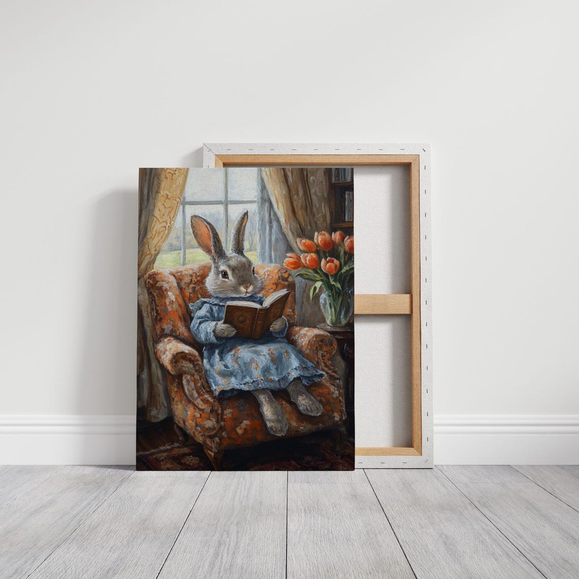 Rabbit Reading Book in Armchair by Window Whimsical Bunny Art Print - Image 3