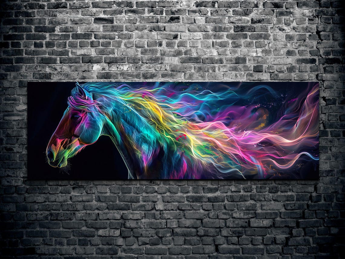 Colorful Neon Horse Head With Rainbow Flowing Mane Dark Art Poster - Image 2