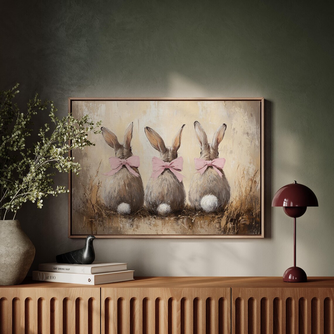 Three Bunnies With Pink Bows, Rustic Easter Art - Image 7