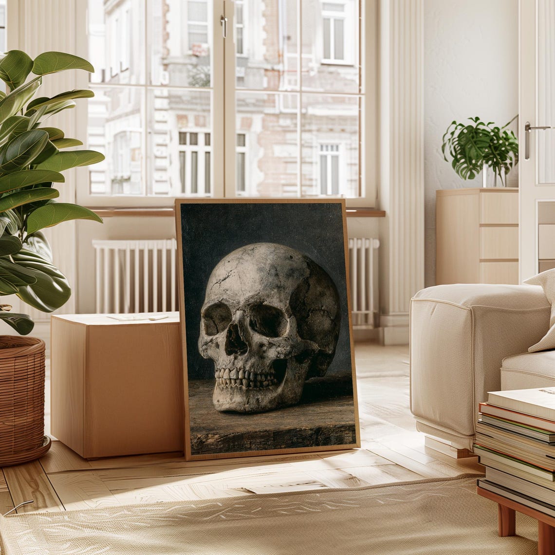 Weathered Human Skull Still Life Dark Chiaroscuro Gothic Art Poster
